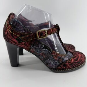 L'Artiste Spring Step Mazie Metallic Floral Leather T-Strap Pumps Red Multi 37